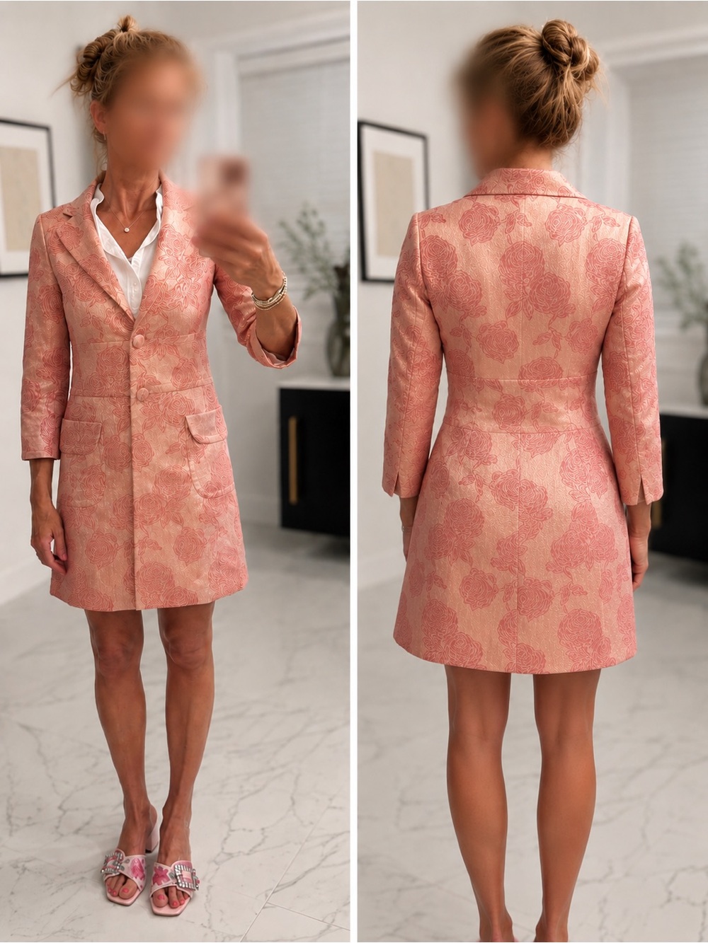 Banana Republic Pink & Gold Metallic Rose Brocade Dress Coat - Size XS